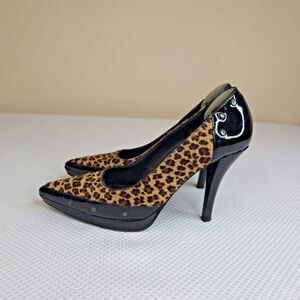 Vintage 90s Via Spiga Shoes Pumps Heels Leopard 7.5 Black Patent Leather Studded